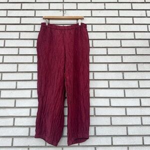 Grizas Wine Red Textured Crinkled Linen Silk Wide Trouser Pants Elastic Waist L
